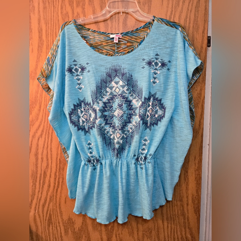 Pretty, flowy, short sleeve turqoise blouse with semi sheer back. Size small.